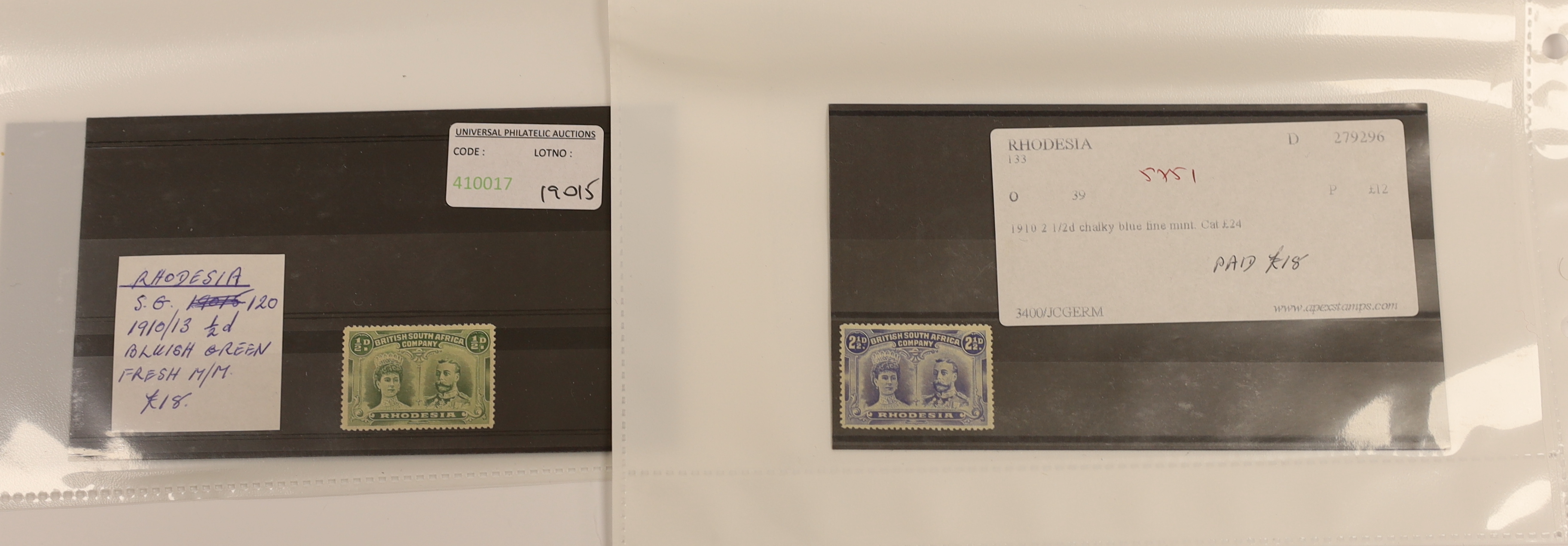 A selection of stamps with Rhodesia 1902-13 Double Heads to 2/-, 2/6d, (2), 5/-, 7/6d, 10/- and £1 including 5d lake brown and olive, also Sweden 1924 UPU and Congress sets mint, etc.